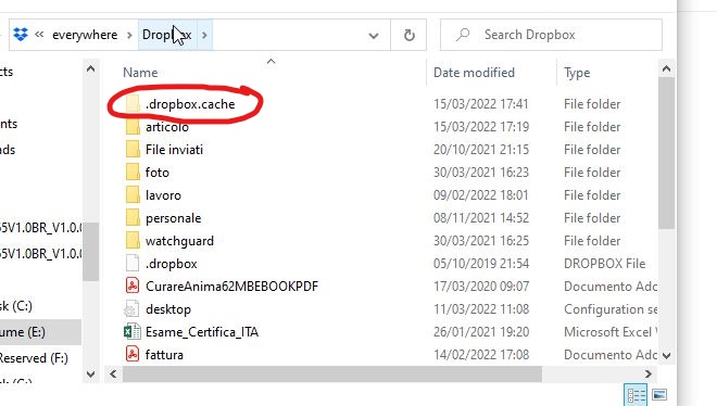cancellazione della cache di Dropbox